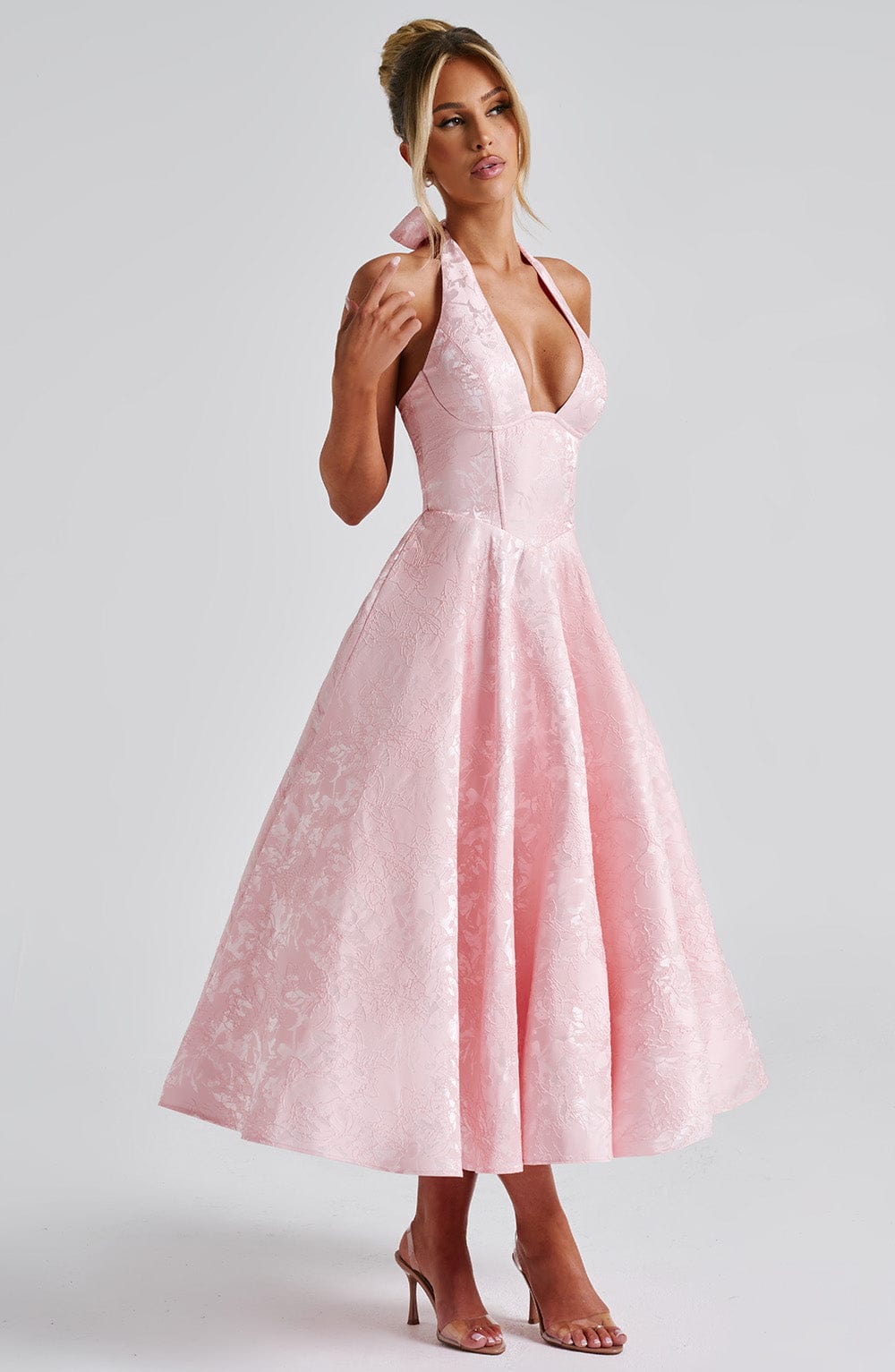 Floral Jacquard Halter Midi Dress for Women - Elegant Summer Outfit