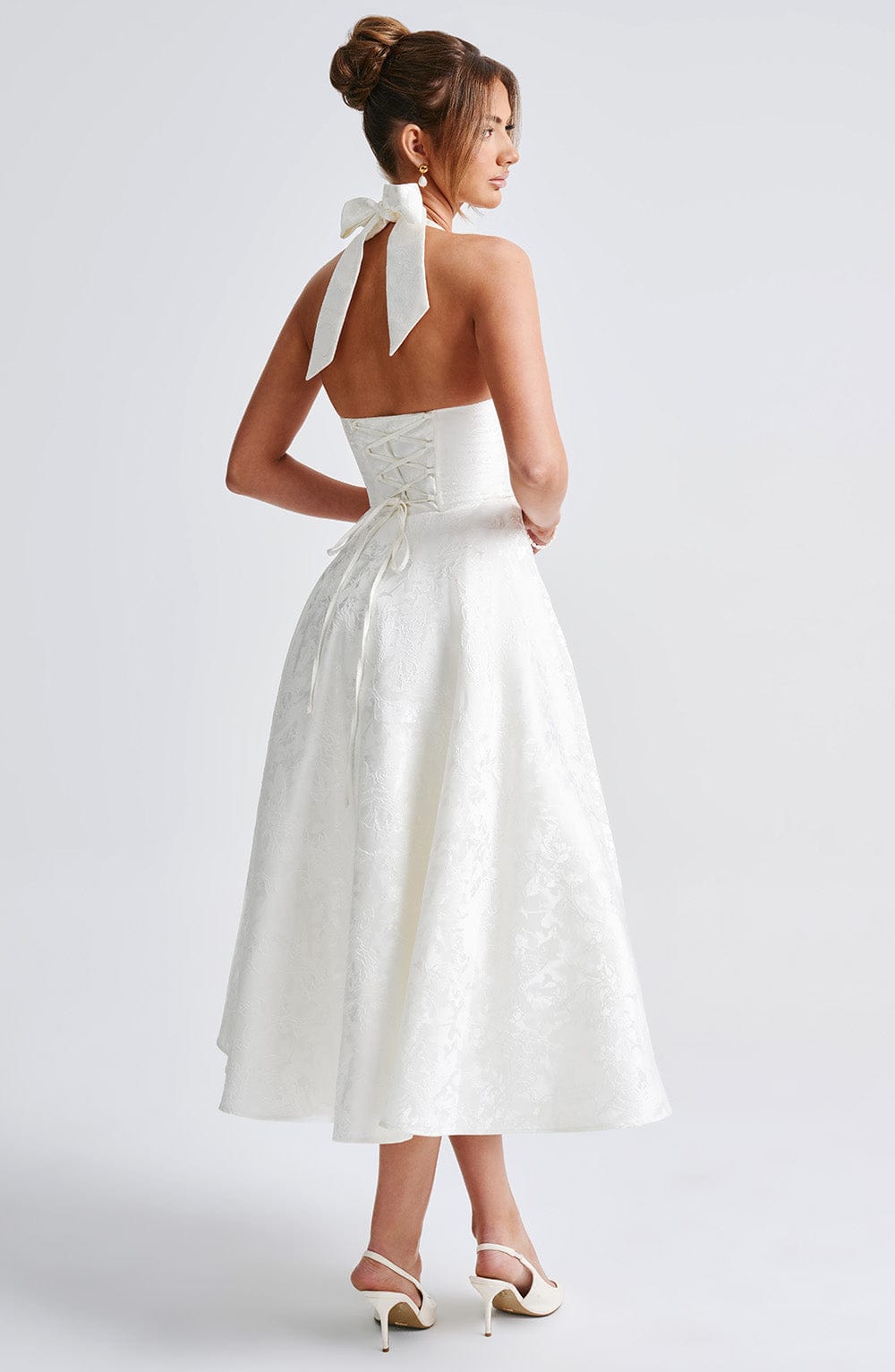 Floral Jacquard Halter Midi Dress for Women - Elegant Summer Outfit