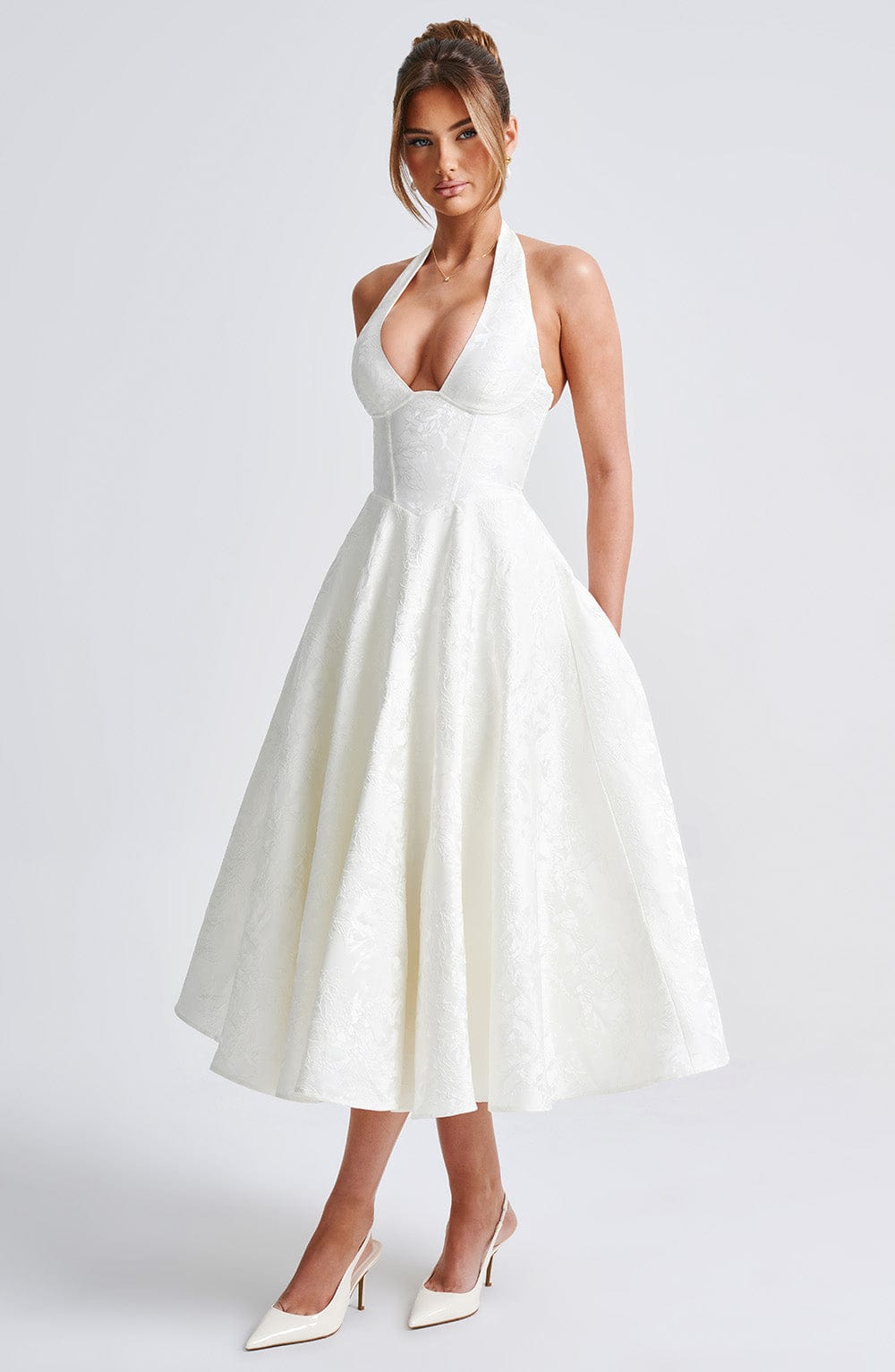 Floral Jacquard Halter Midi Dress for Women - Elegant Summer Outfit