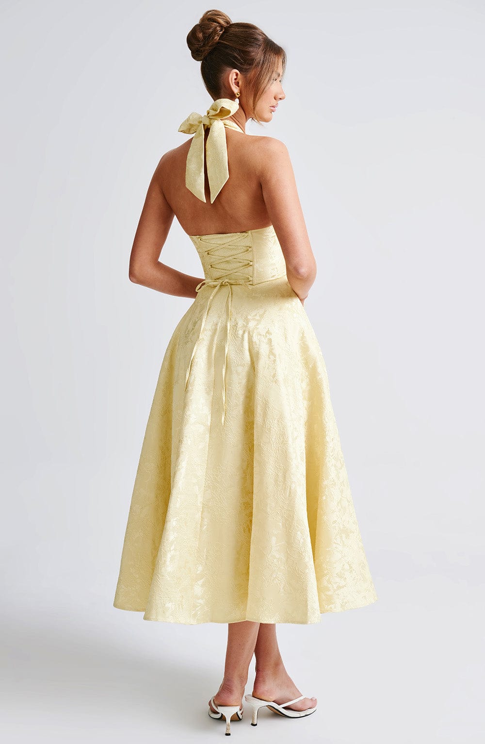 Floral Jacquard Halter Midi Dress for Women - Elegant Summer Outfit