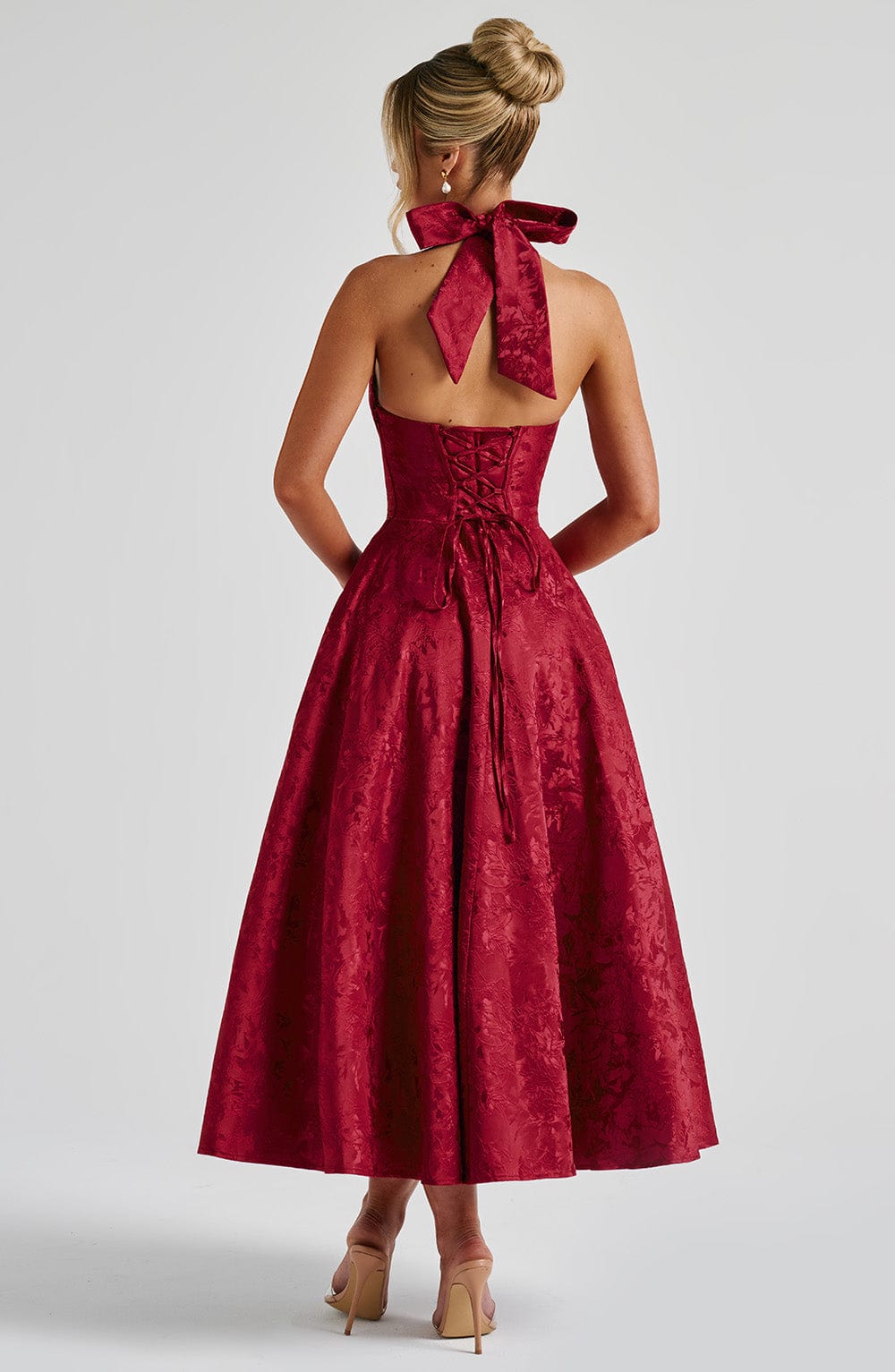 Floral Jacquard Halter Midi Dress for Women - Elegant Summer Outfit