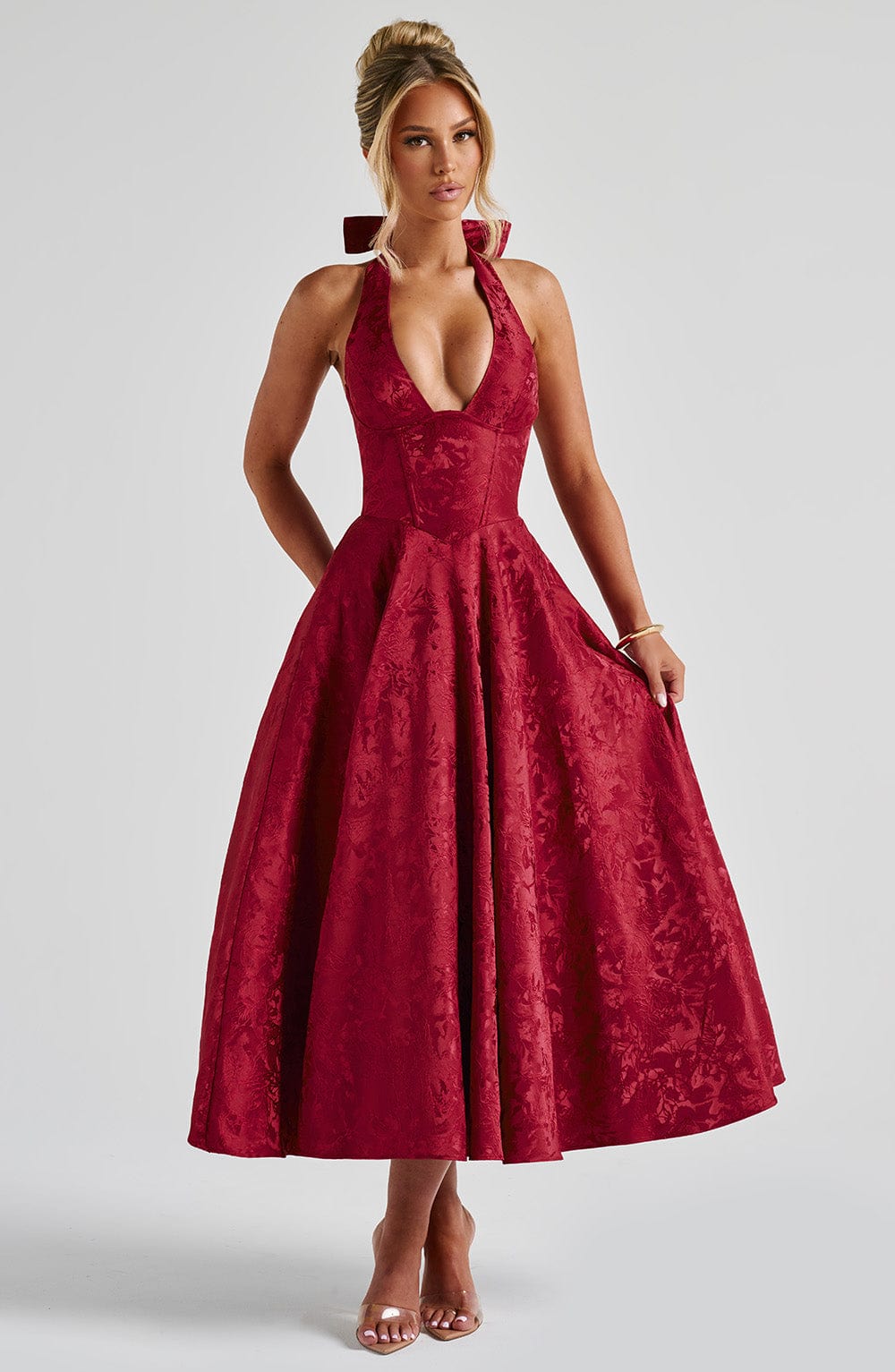 Floral Jacquard Halter Midi Dress for Women - Elegant Summer Outfit