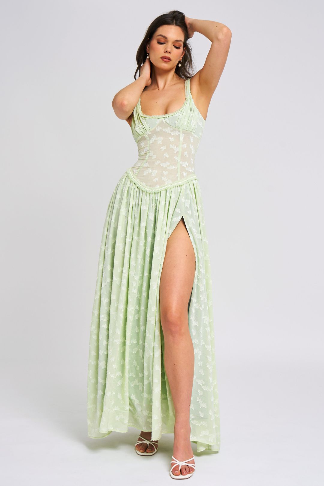 Ethereal Floral Maxi Dress with Ruched Detail and High Slit for Special Occasions