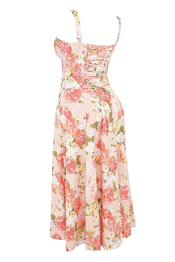 Pink Peony Floral Lace-Up Back Midi Dress with Side Split for Casual Wear