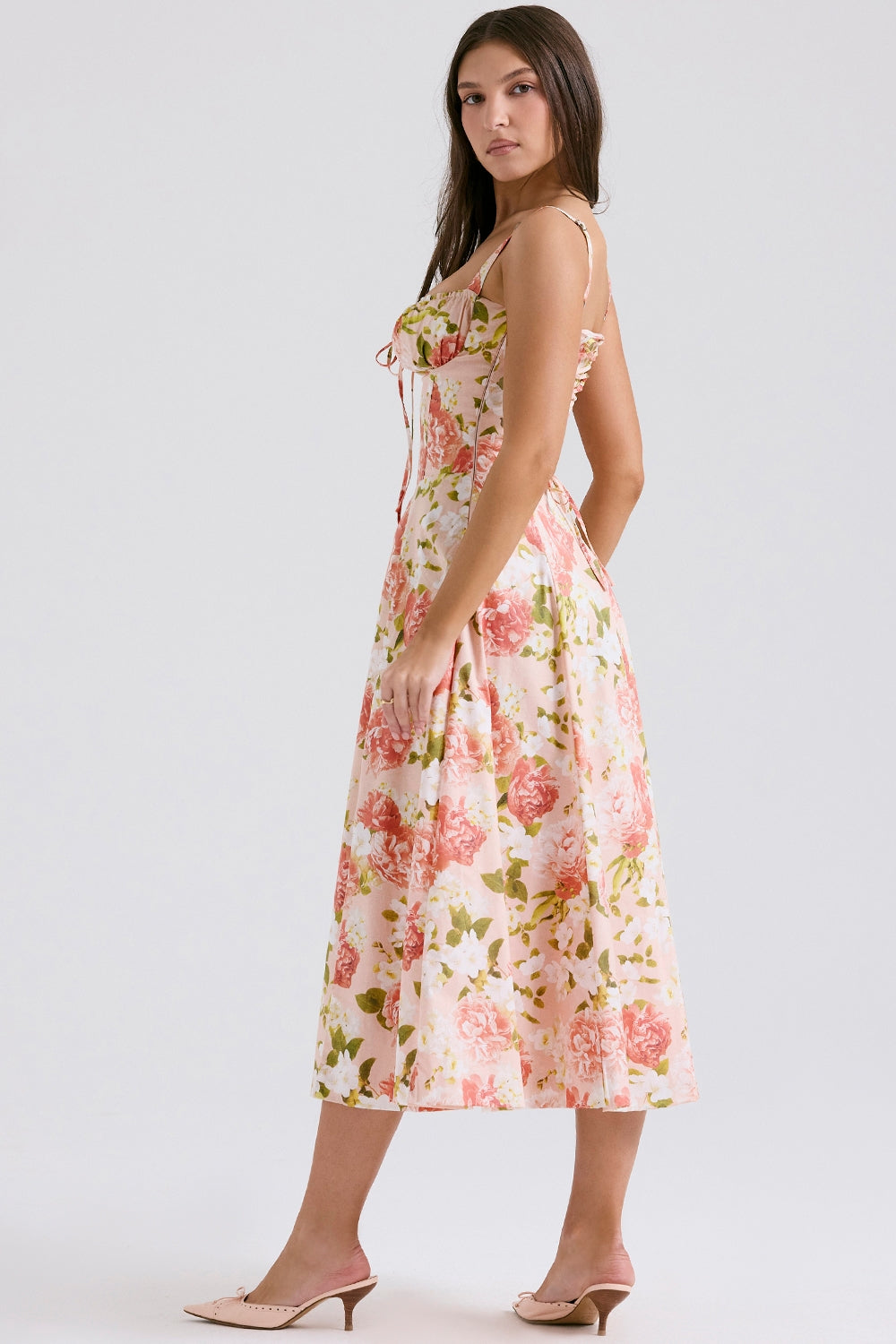 Pink Peony Floral Lace-Up Back Midi Dress with Side Split for Casual Wear