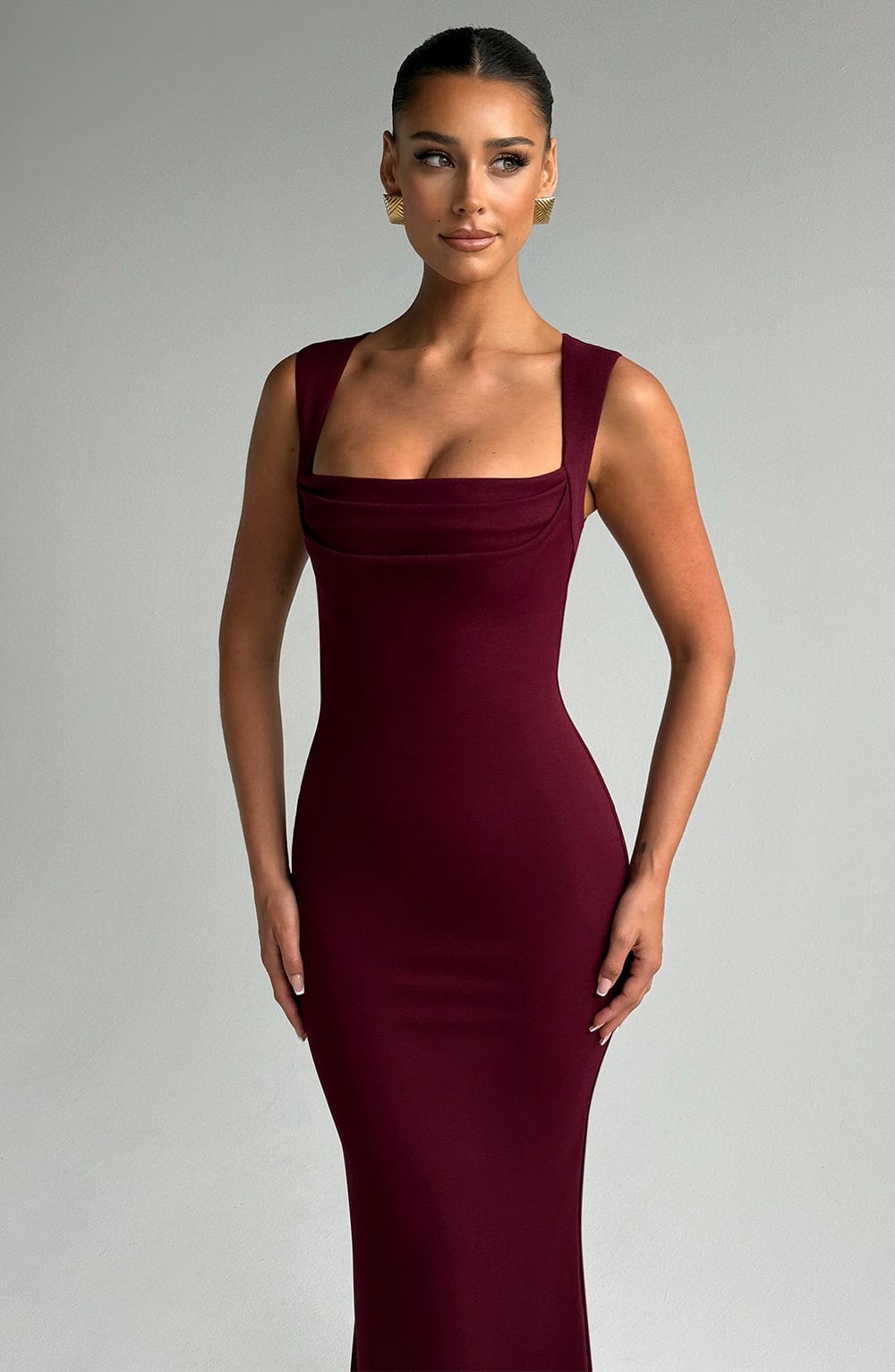 Burgundy Square Neck Maxi Dress | Sculpting Fit for Evening Wear