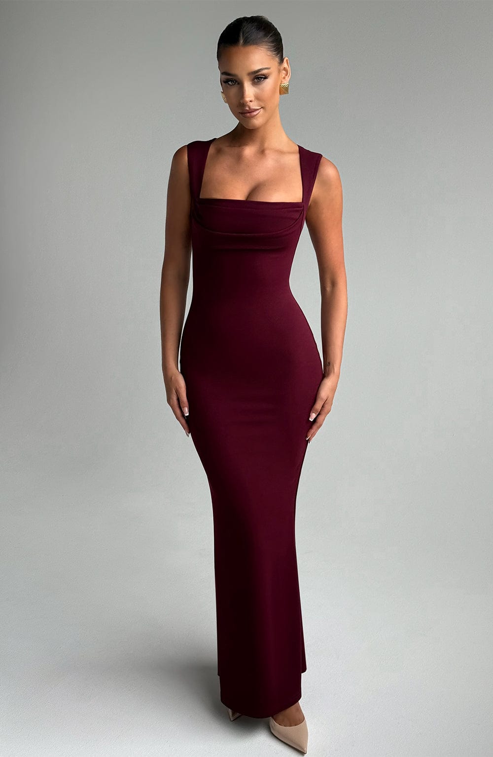 Burgundy Square Neck Maxi Dress | Sculpting Fit for Evening Wear