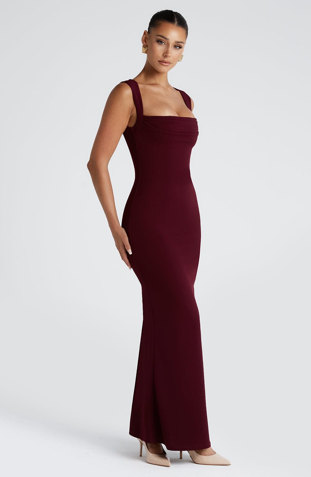 Burgundy Square Neck Maxi Dress | Sculpting Fit for Evening Wear
