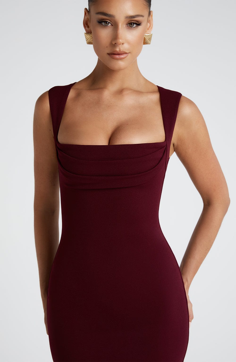 Burgundy Square Neck Maxi Dress | Sculpting Fit for Evening Wear