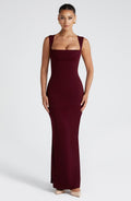 Burgundy Square Neck Maxi Dress | Sculpting Fit for Evening Wear