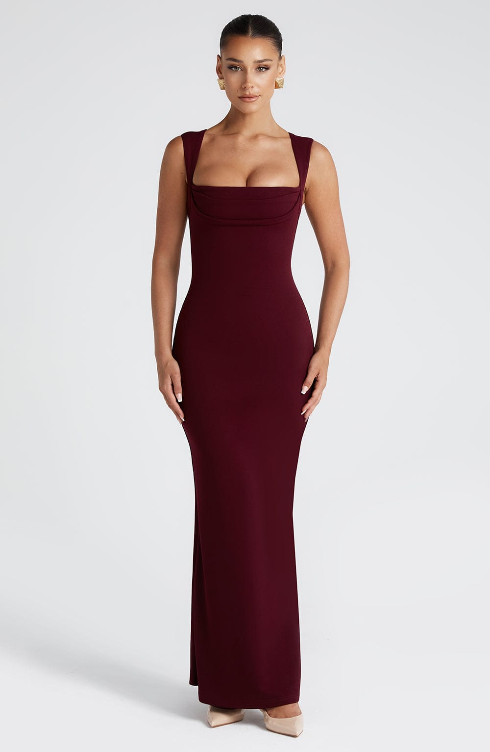 Burgundy Square Neck Maxi Dress | Sculpting Fit for Evening Wear