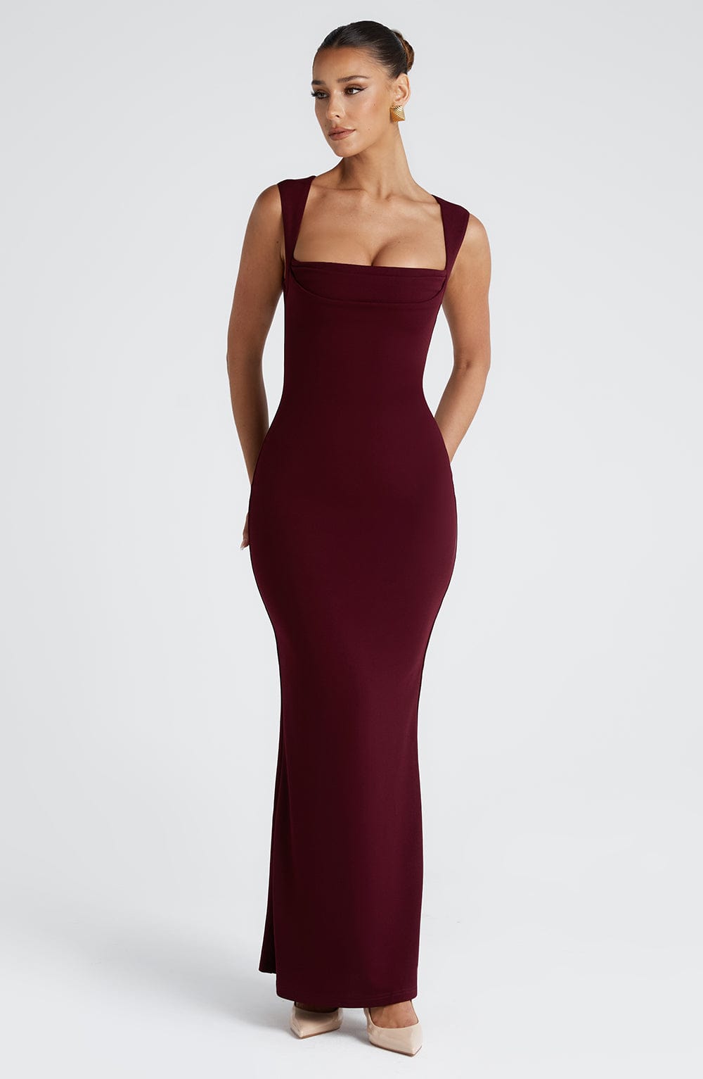 Burgundy Square Neck Maxi Dress | Sculpting Fit for Evening Wear