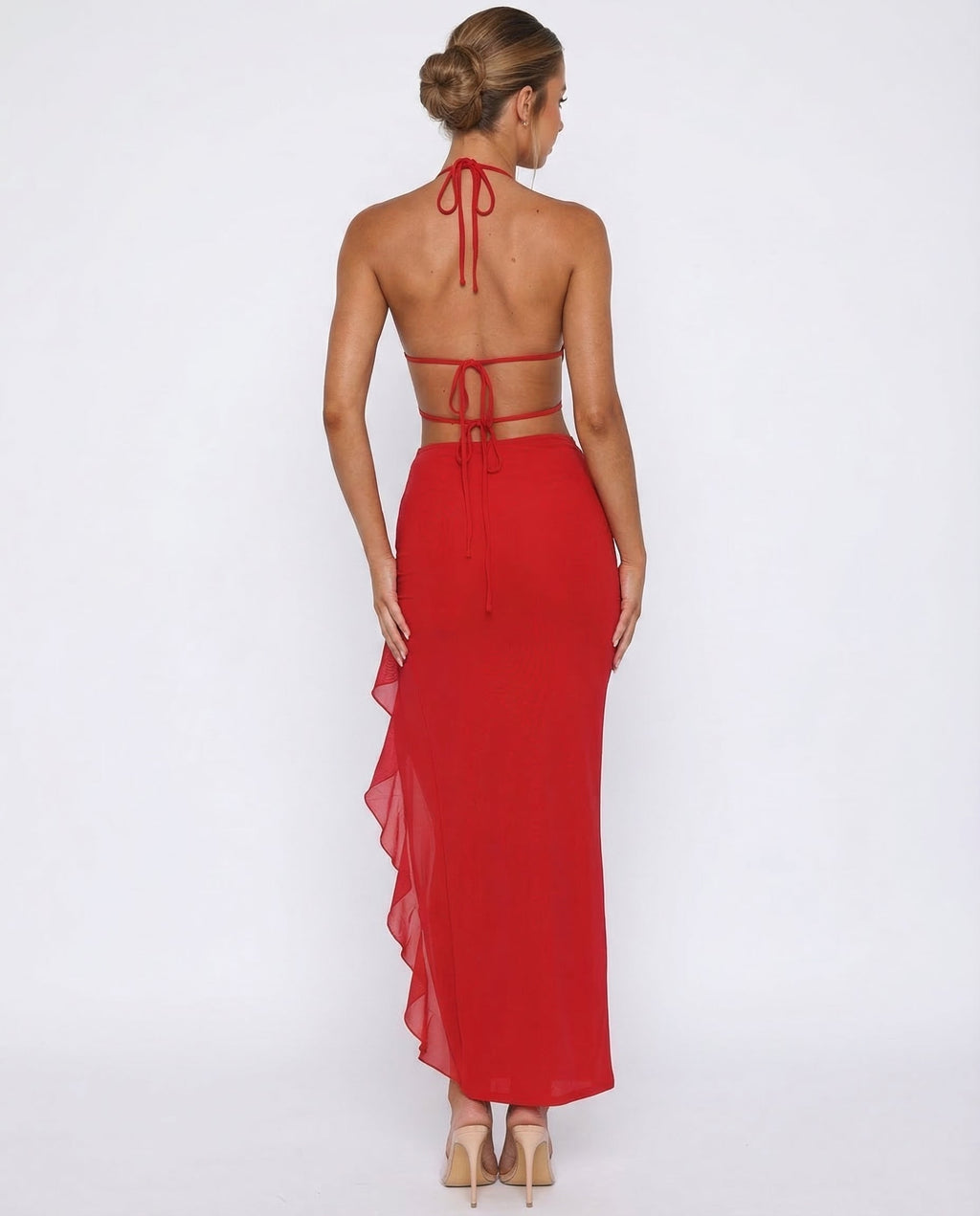 Backless Maxi Dress with Ruffle Trim - Plunging Neckline for Evening Wear