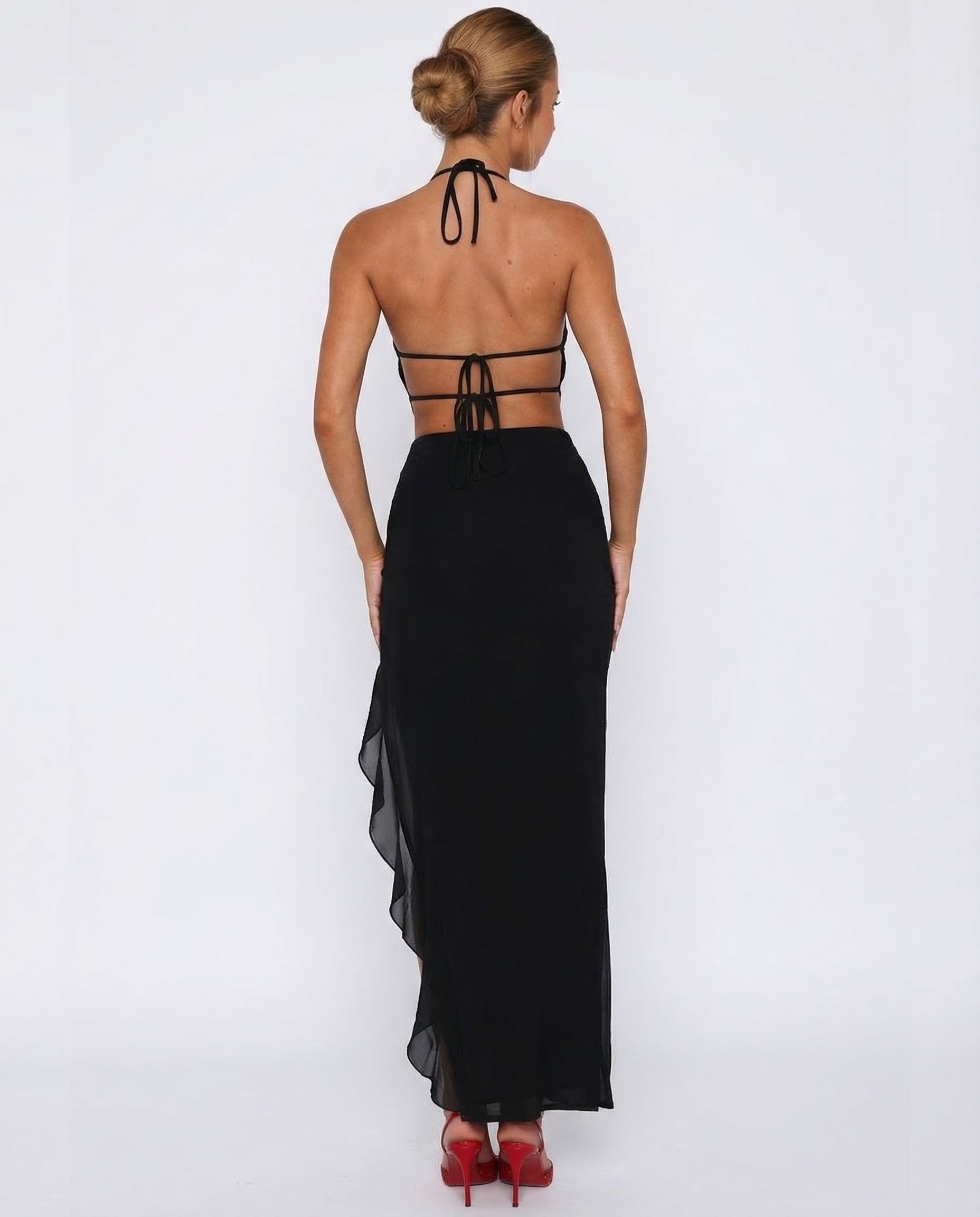 Backless Maxi Dress with Ruffle Trim - Plunging Neckline for Evening Wear