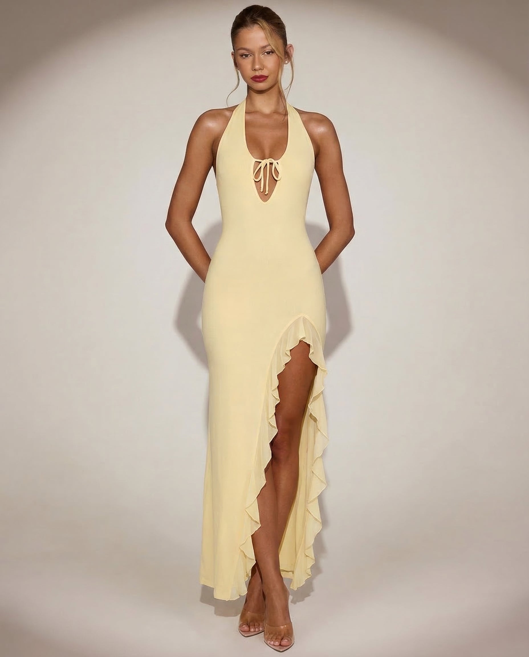 Backless Maxi Dress with Ruffle Trim - Plunging Neckline for Evening Wear