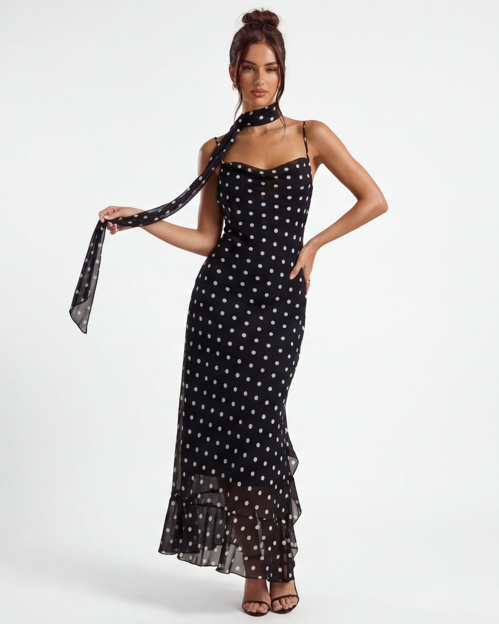 Polka Dot Maxi Dress with Sheer Hem | Body-Skimming Silhouette for Casual Wear