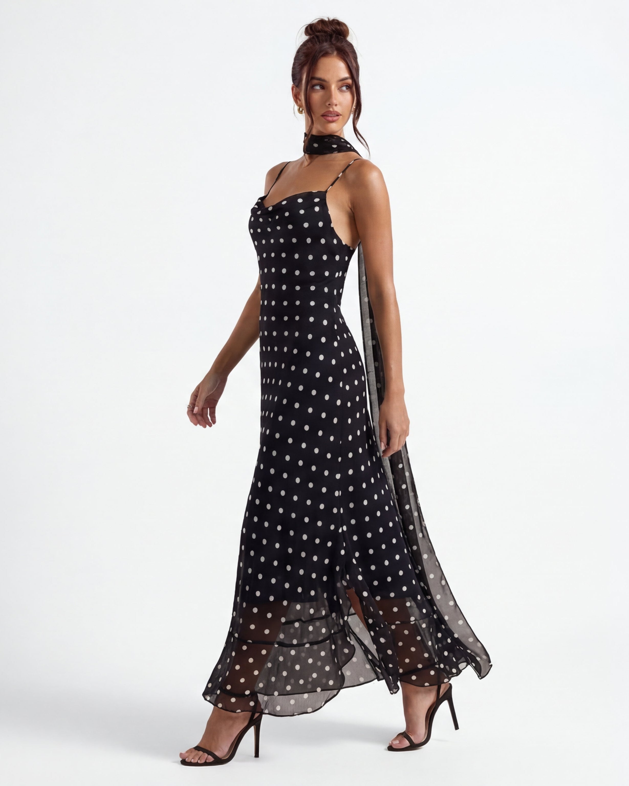 Polka Dot Maxi Dress with Sheer Hem | Body-Skimming Silhouette for Casual Wear