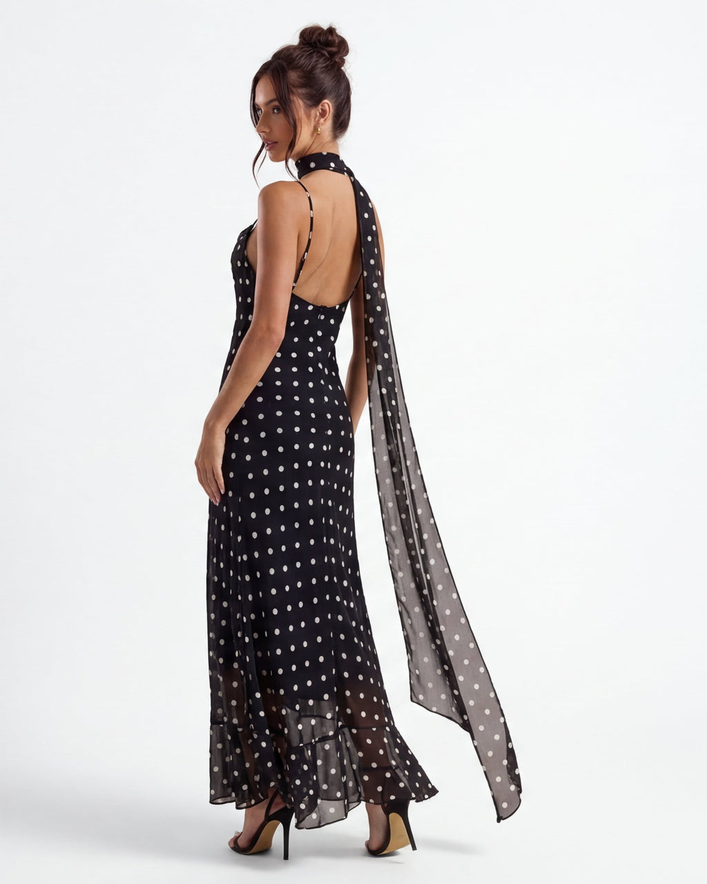 Polka Dot Maxi Dress with Sheer Hem | Body-Skimming Silhouette for Casual Wear