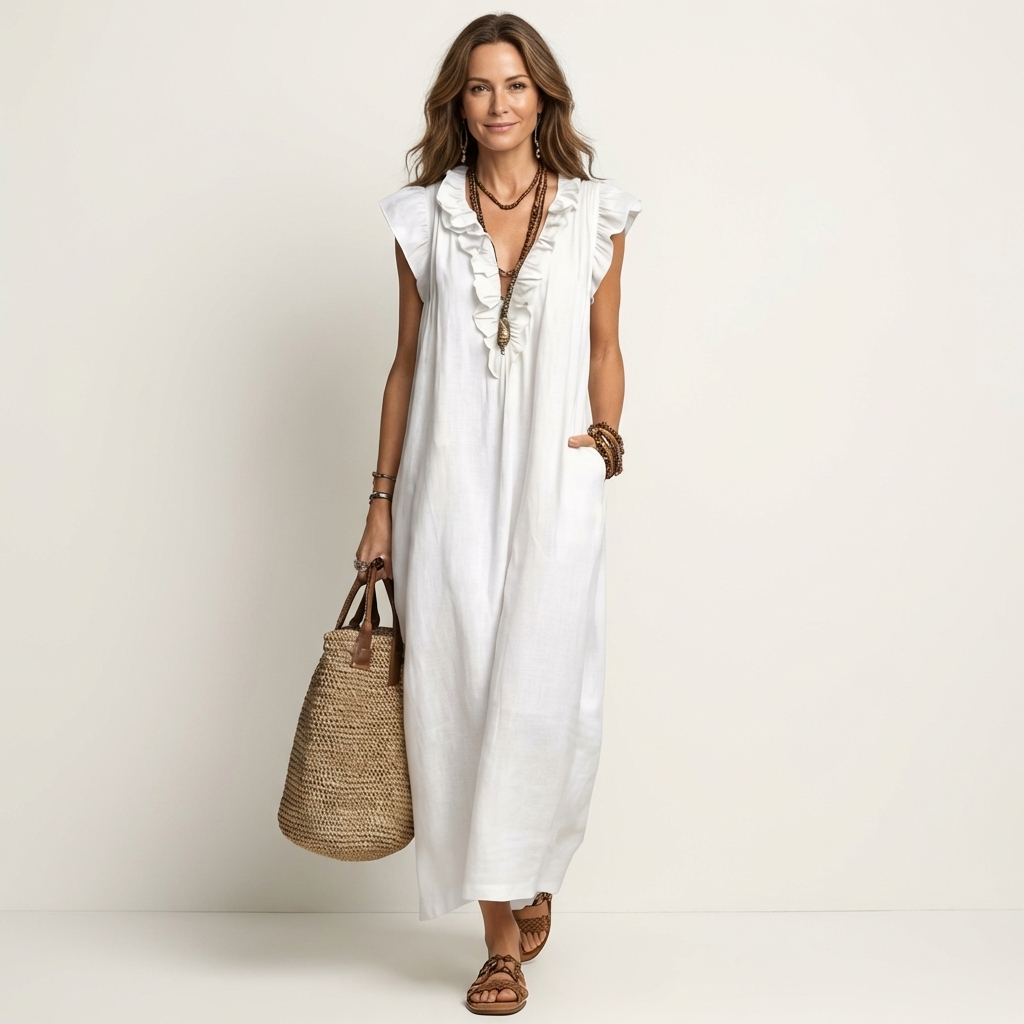 Rosalind | Ruffle V-Neck Linen Maxi Dress