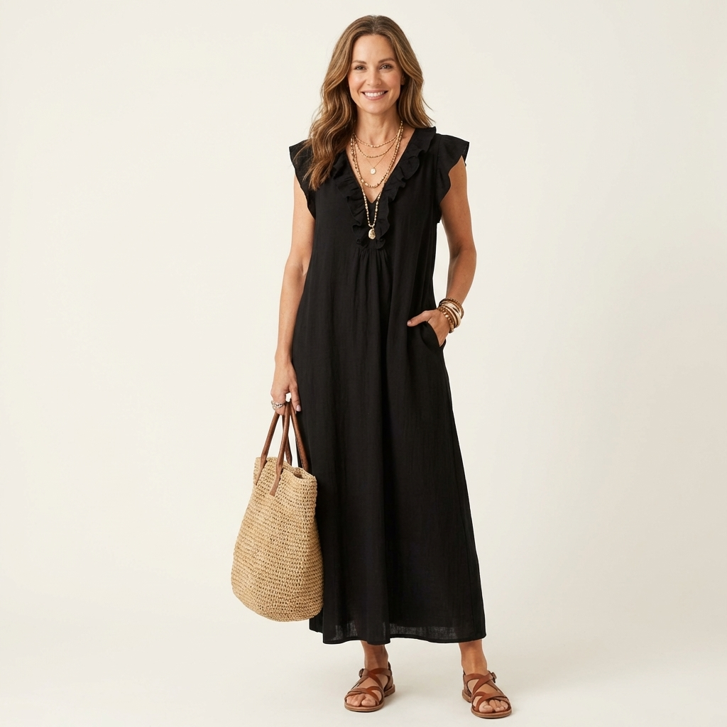 Rosalind | Ruffle V-Neck Linen Maxi Dress