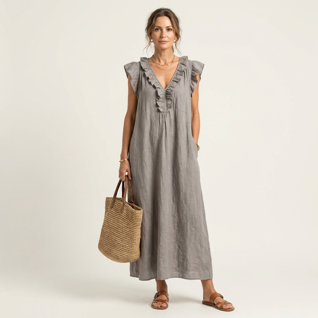 Rosalind | Ruffle V-Neck Linen Maxi Dress