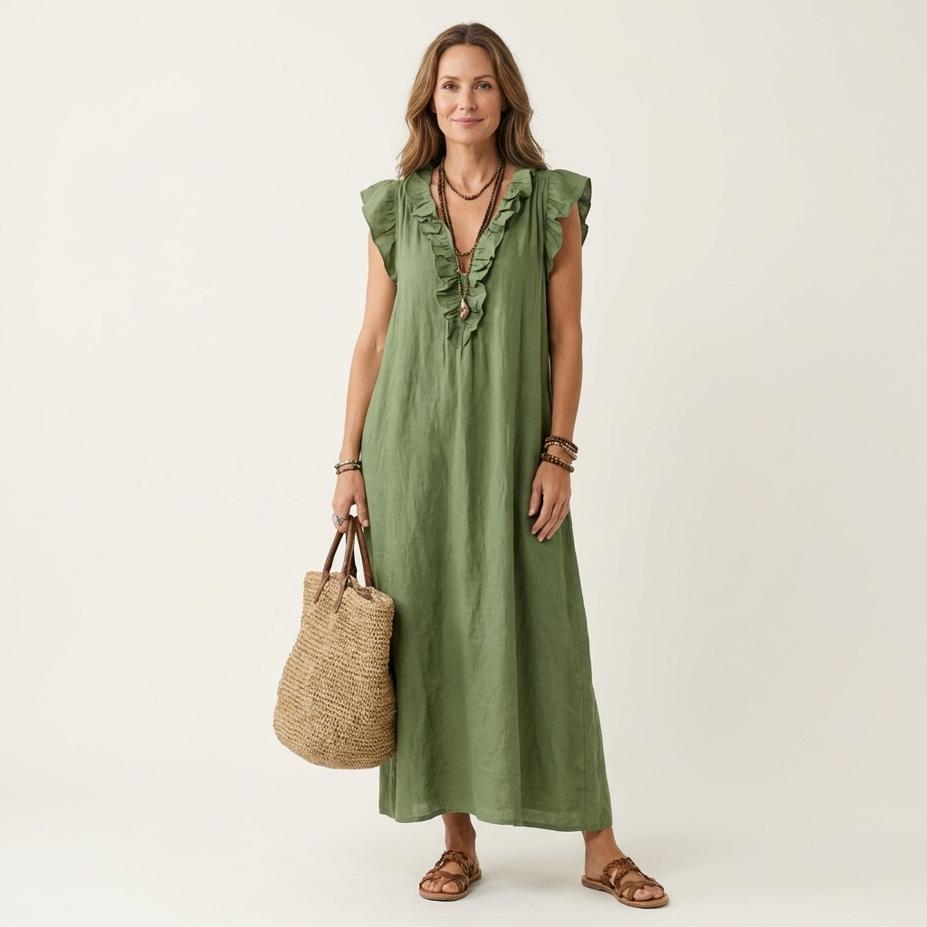 Rosalind | Ruffle V-Neck Linen Maxi Dress