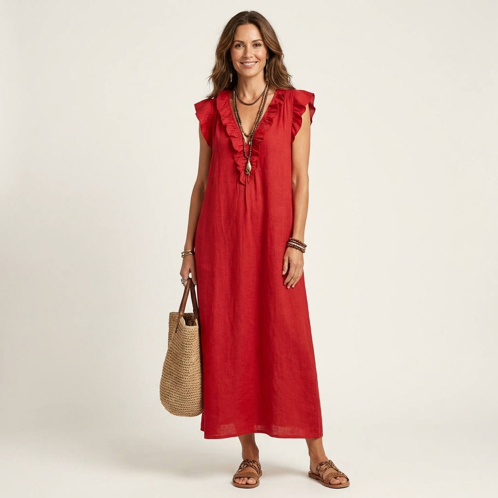 Rosalind | Ruffle V-Neck Linen Maxi Dress