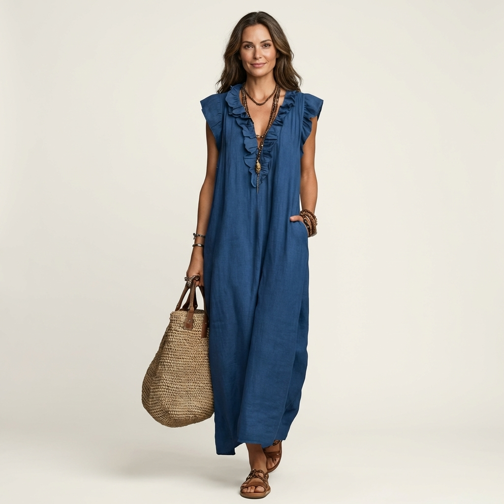 Rosalind | Ruffle V-Neck Linen Maxi Dress