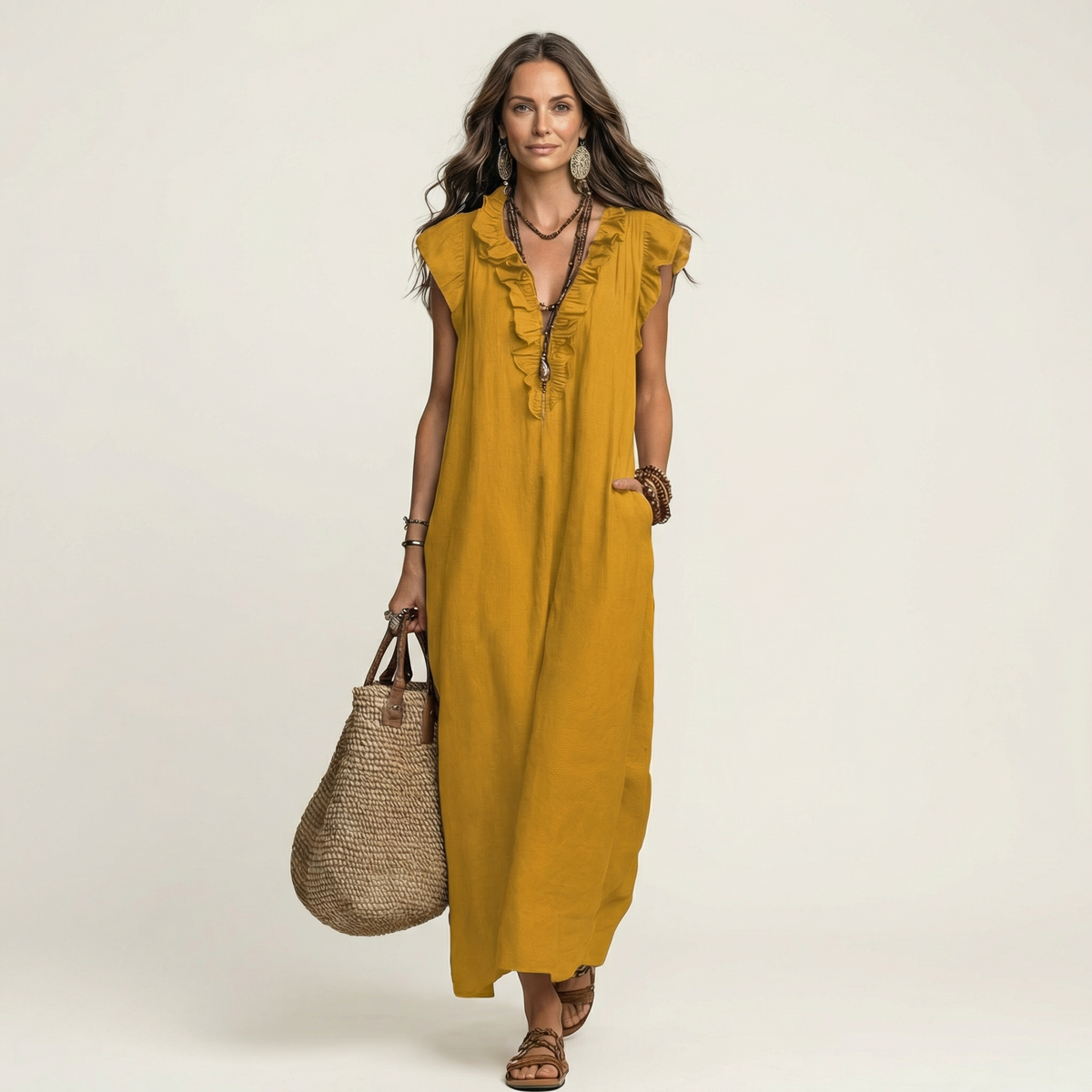 Rosalind | Ruffle V-Neck Linen Maxi Dress