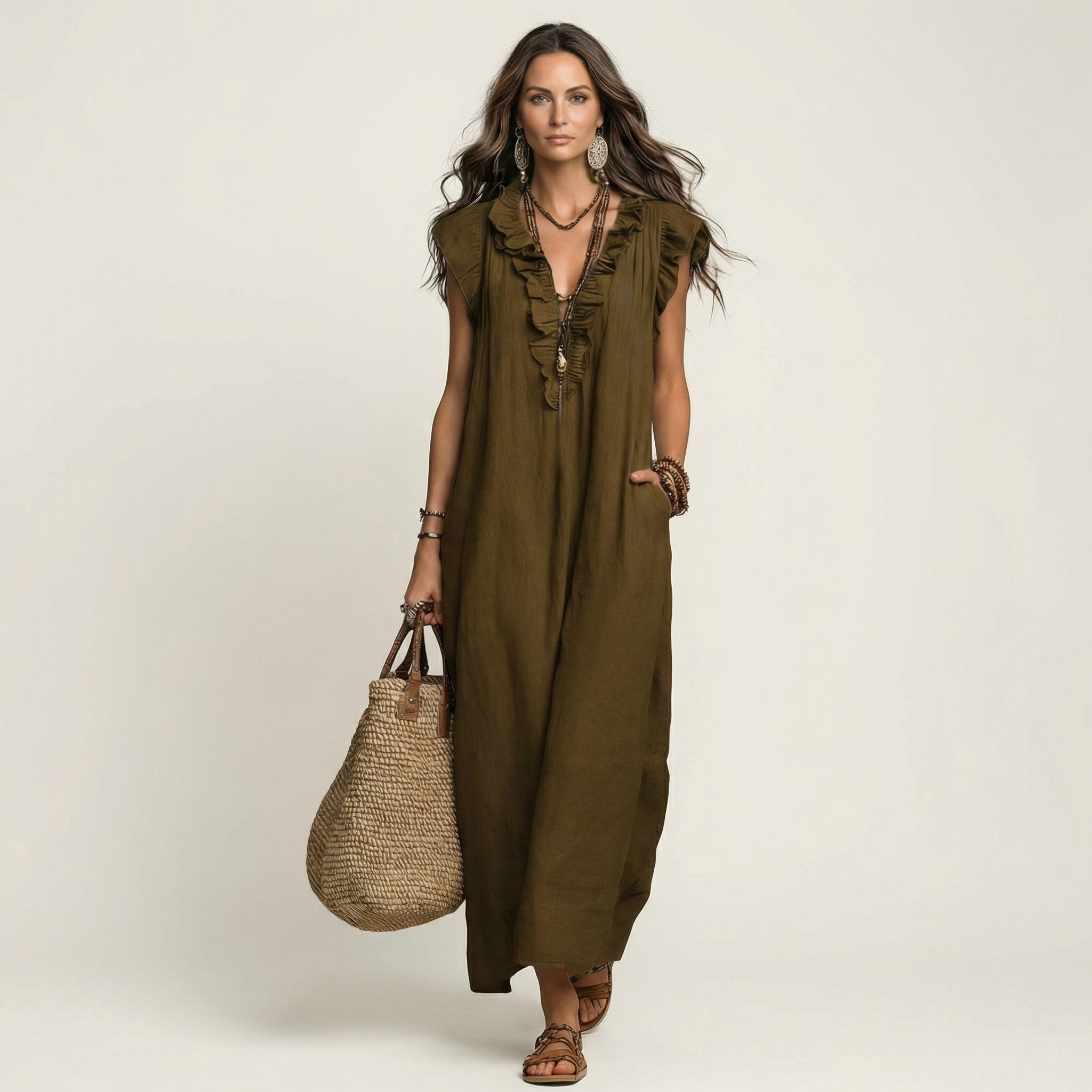 Rosalind | Ruffle V-Neck Linen Maxi Dress