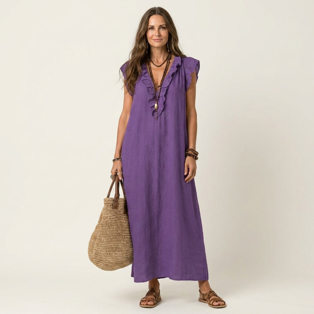 Rosalind | Ruffle V-Neck Linen Maxi Dress