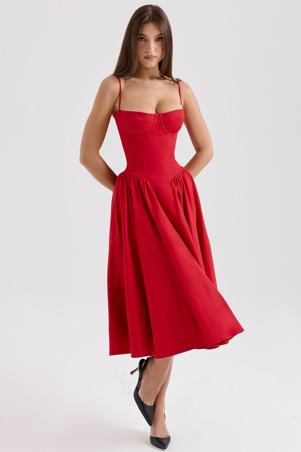 Red Corset Bodice Midi Dress with Seam Detail for Evening Wear
