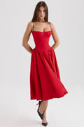 Red Corset Bodice Midi Dress with Seam Detail for Evening Wear