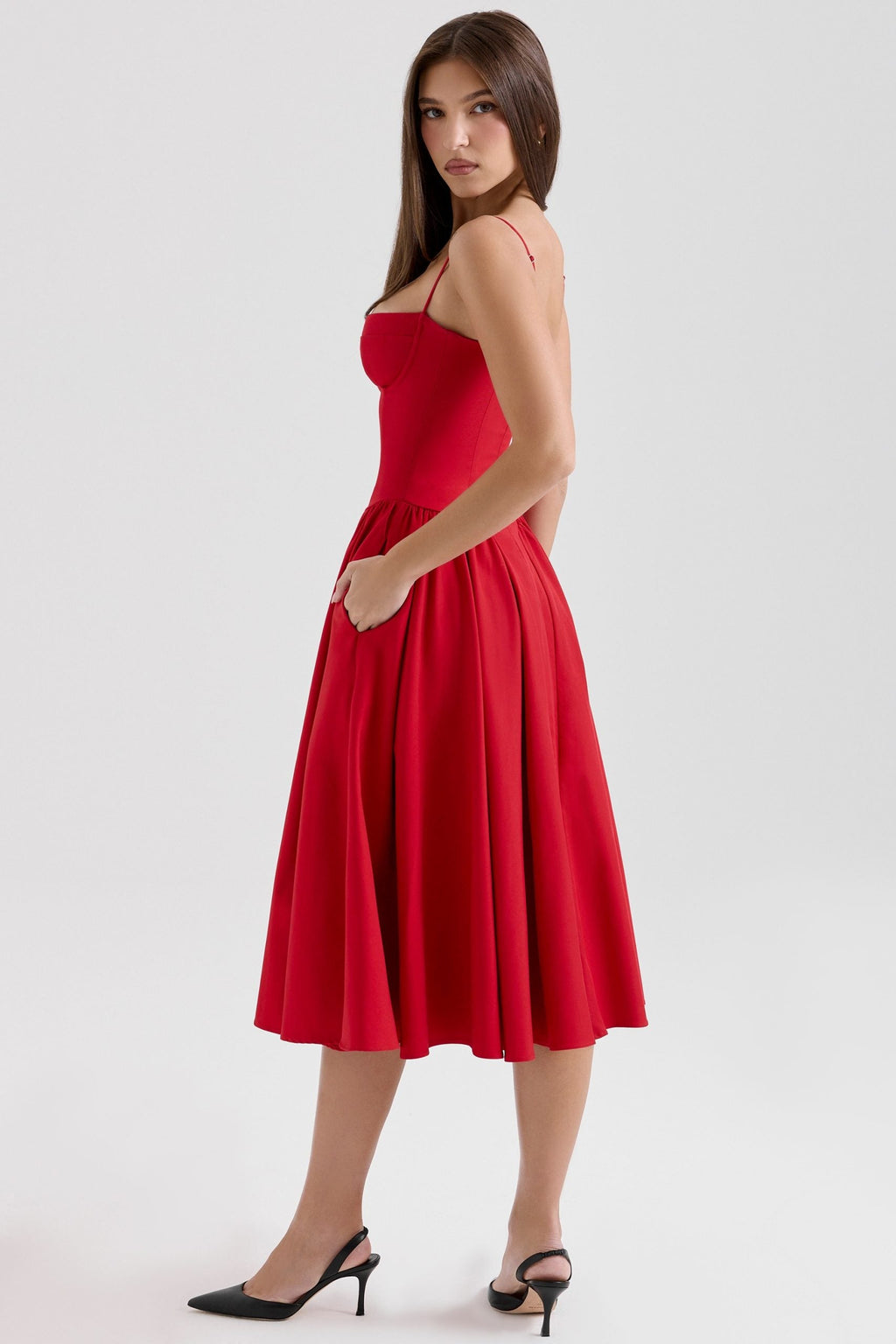 Red Corset Bodice Midi Dress with Seam Detail for Evening Wear