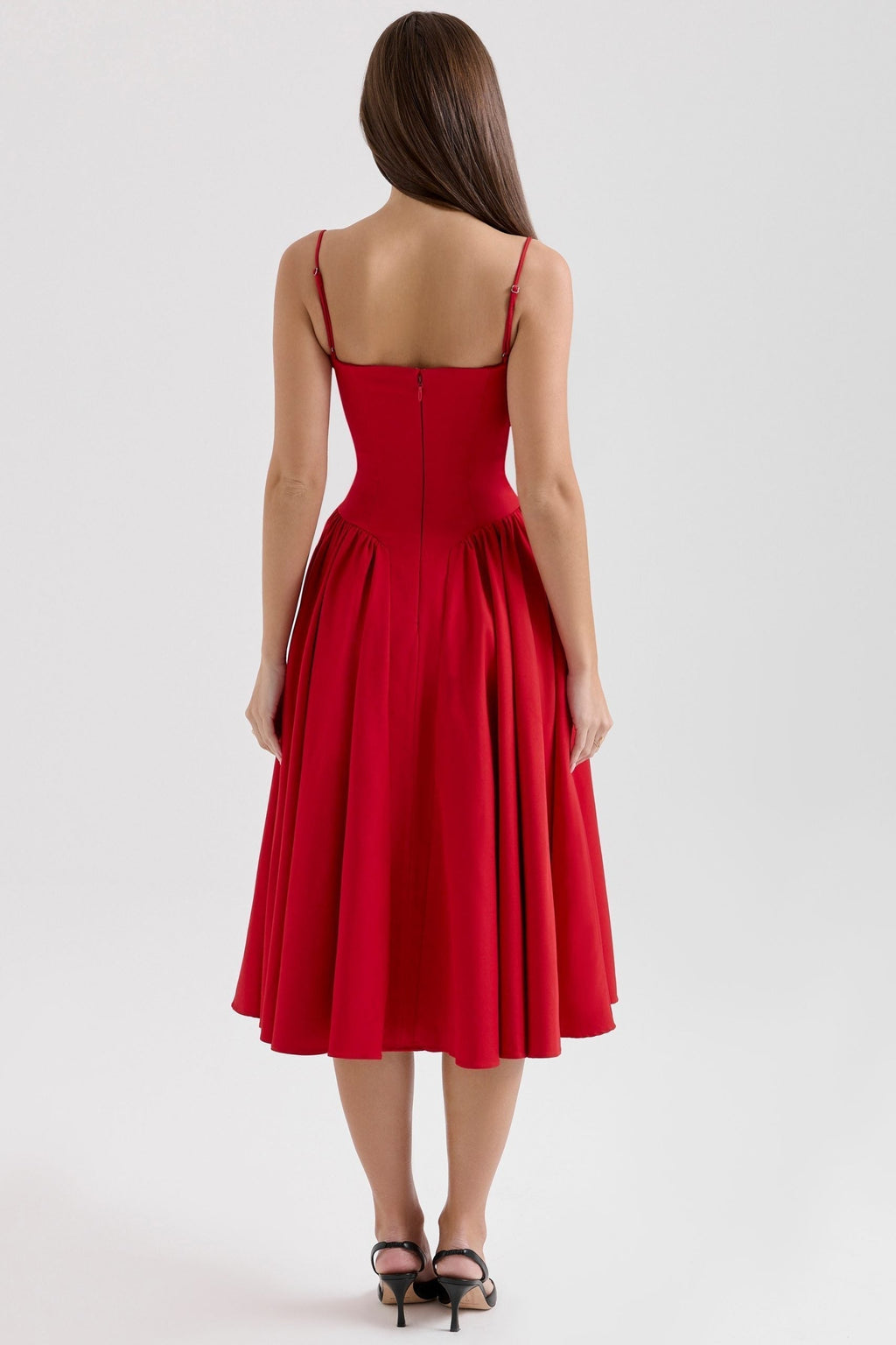 Red Corset Bodice Midi Dress with Seam Detail for Evening Wear