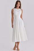 White Sculpted Stretch Cotton Midi Dress for Women - Elegant Casual Wear
