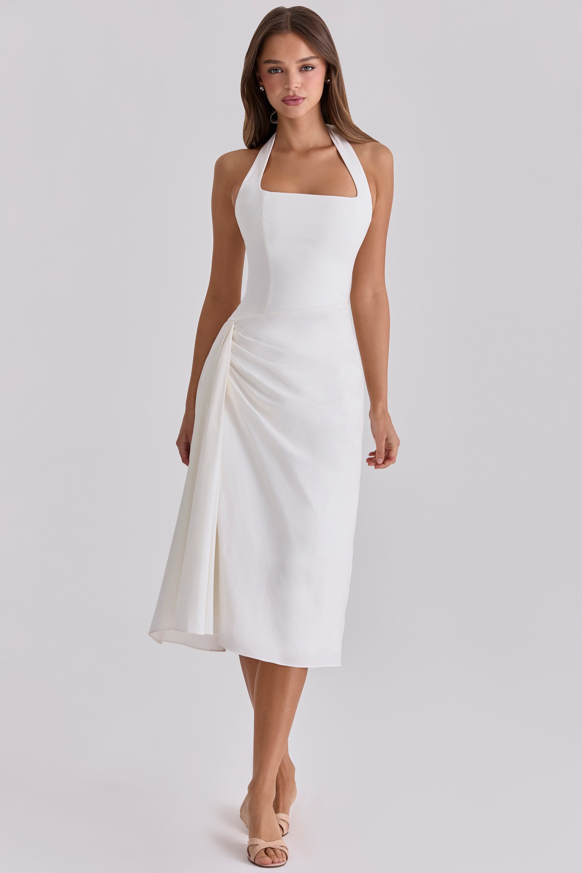 White Sculpted Stretch Cotton Midi Dress for Women - Elegant Casual Wear