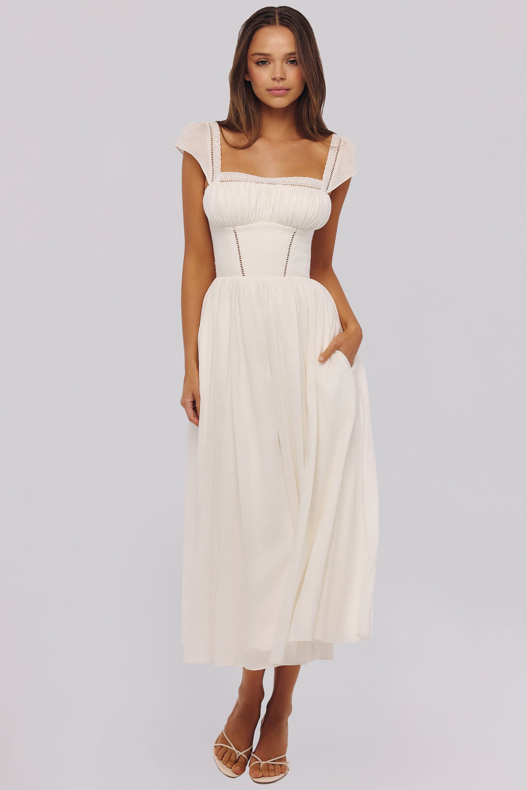 White Sculpted Stretch Cotton Midi Dress for Women - Elegant Casual Wear