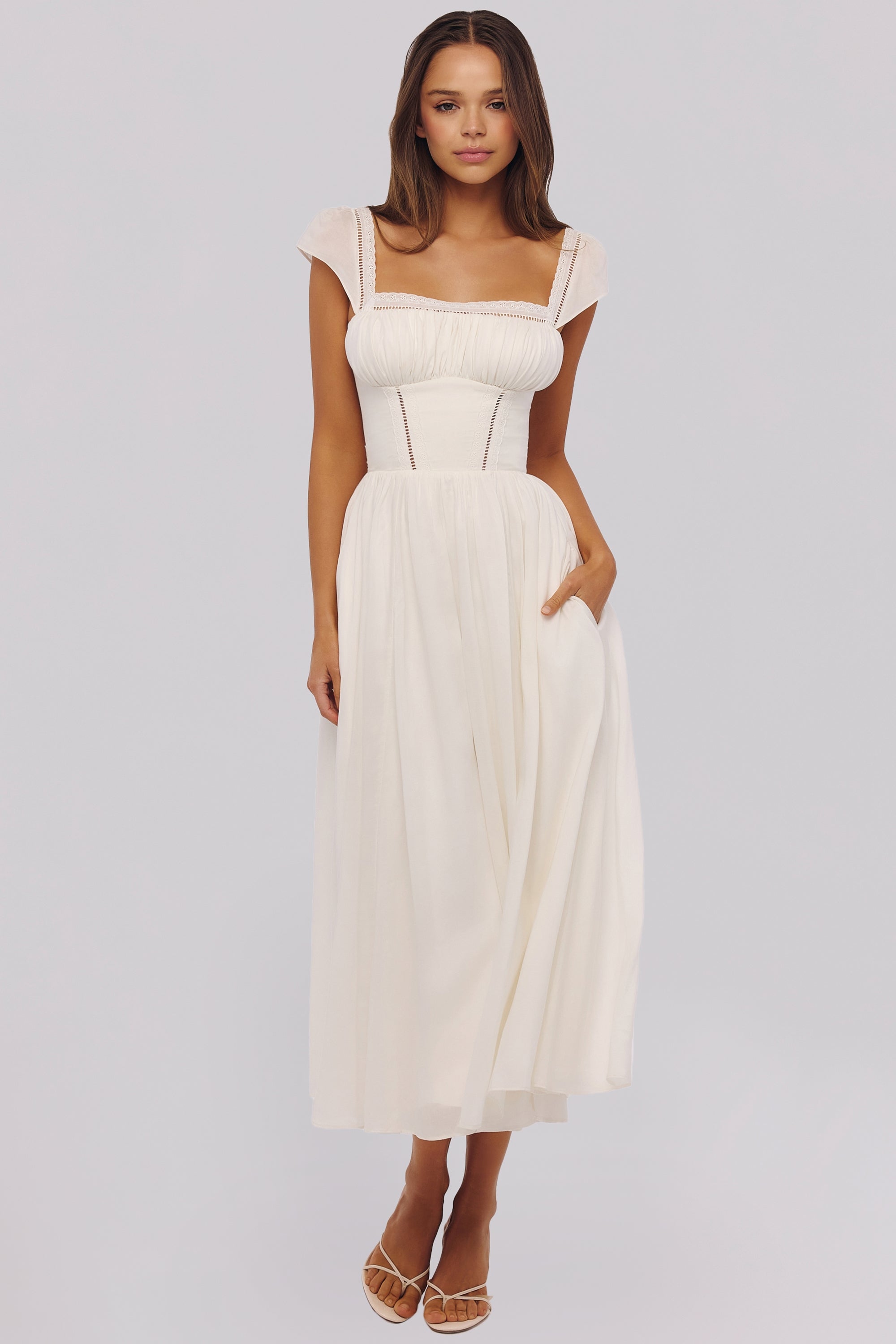 White Sculpted Stretch Cotton Midi Dress for Women - Elegant Casual Wear