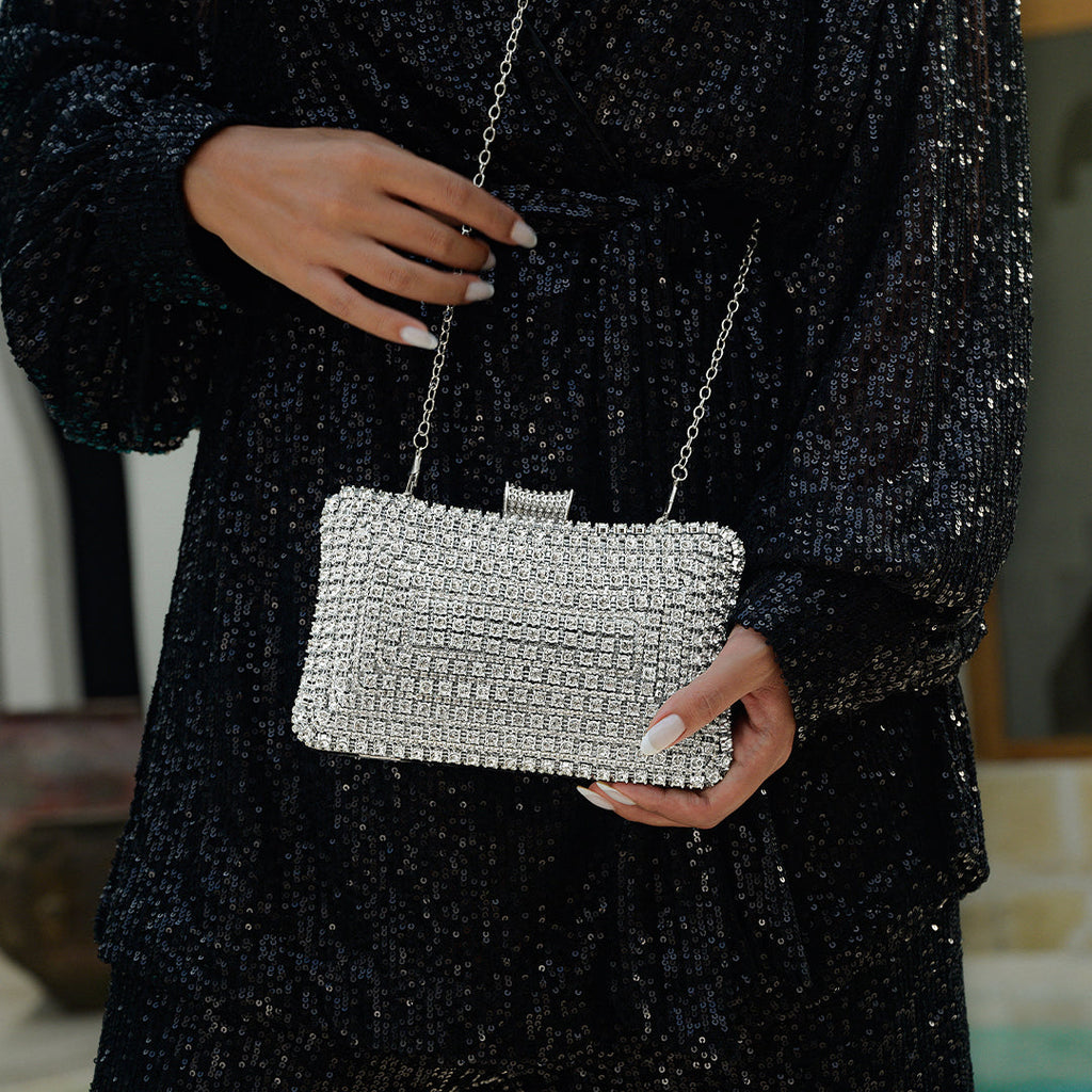 Glitter Evening Clutch Bag with Detachable Chain Strap for Weddings and Parties