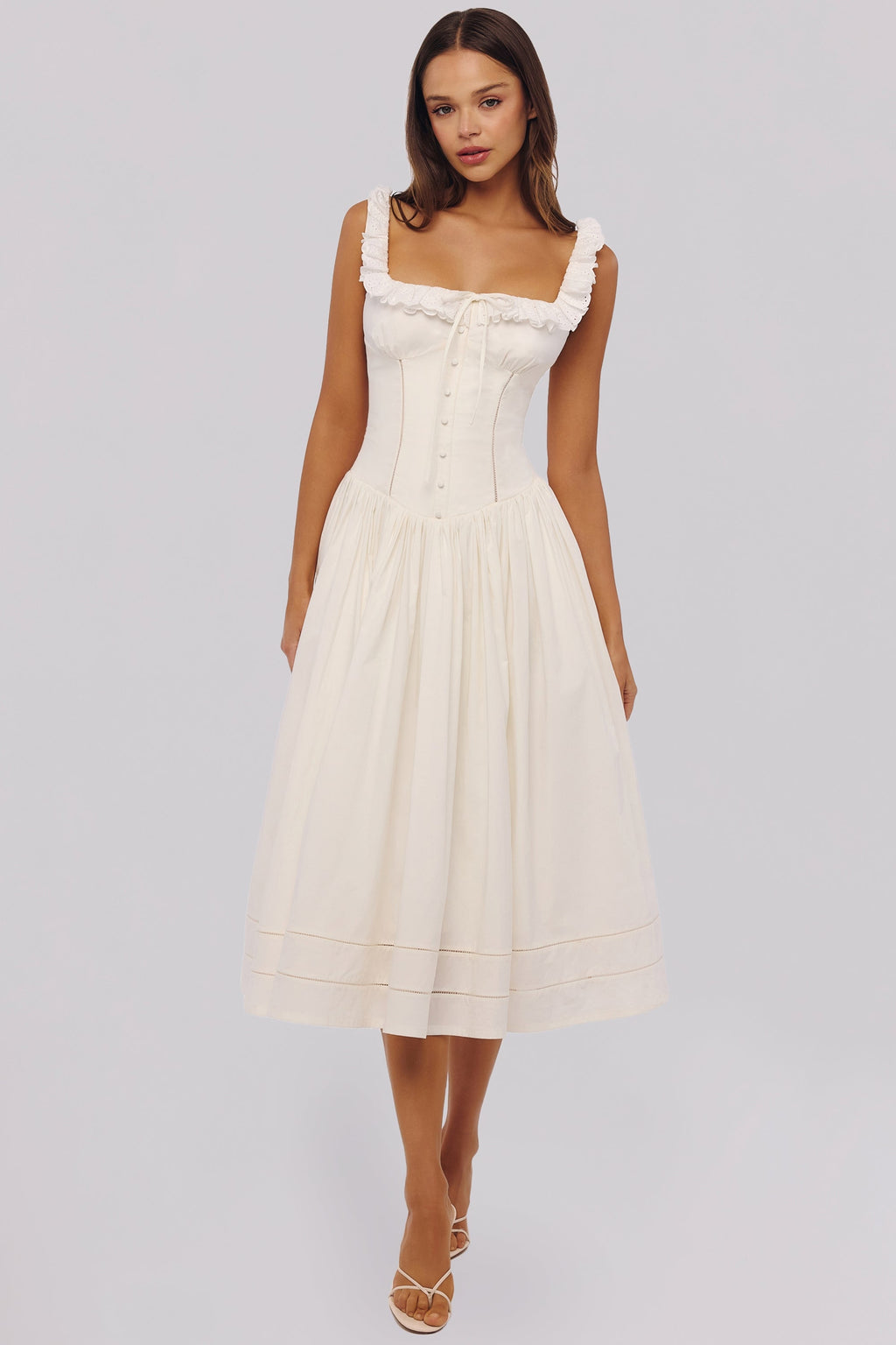 White Sculpted Stretch Cotton Midi Dress for Women - Elegant Casual Wear