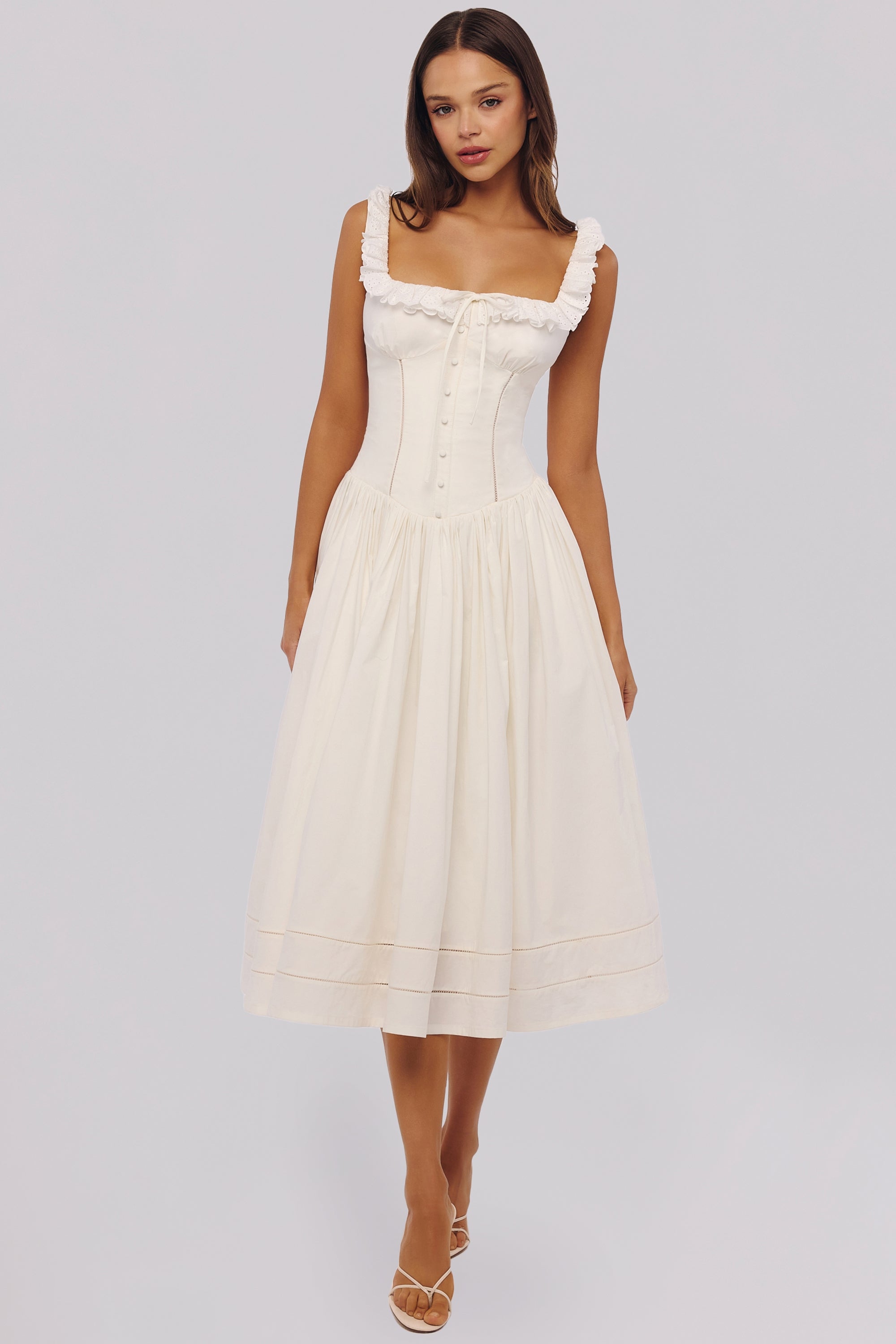 White Sculpted Stretch Cotton Midi Dress for Women - Elegant Casual Wear