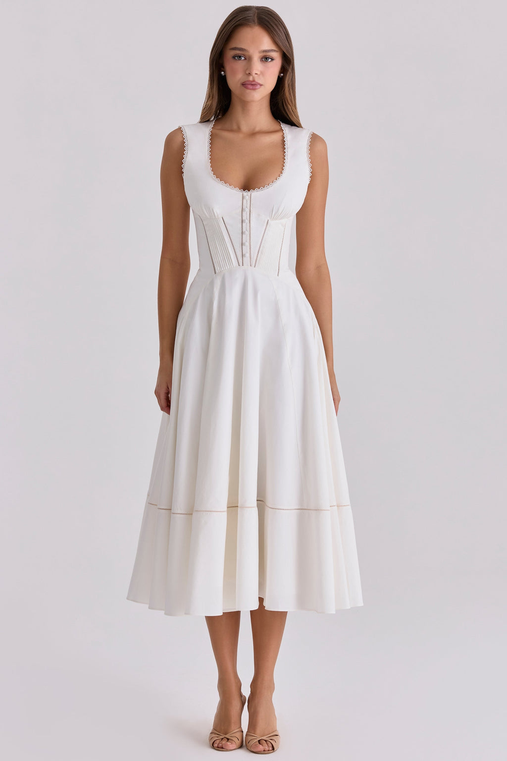 White Sculpted Stretch Cotton Midi Dress for Women - Elegant Casual Wear