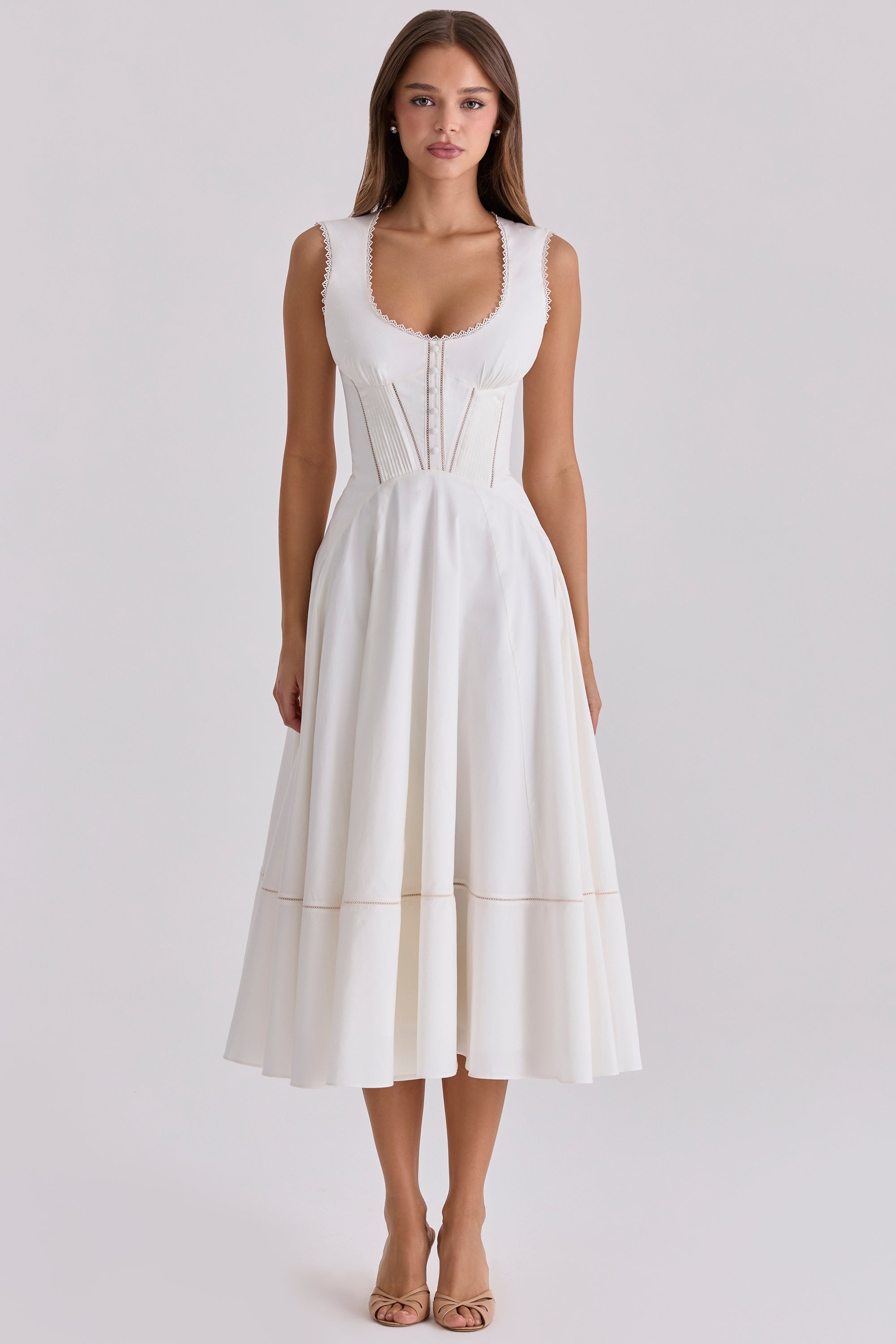 White Sculpted Stretch Cotton Midi Dress for Women - Elegant Casual Wear