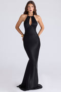 Black Satin Halter Keyhole Maxi Dress | Luxe Fluid Style for Evening Wear