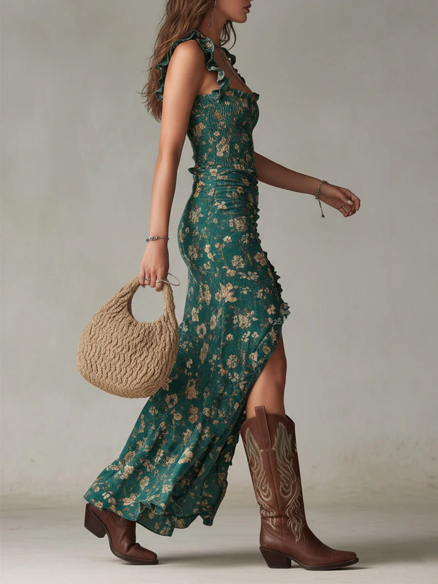 Savannah | Bohemian Floral Ruched Maxi Dress with Side Slit
