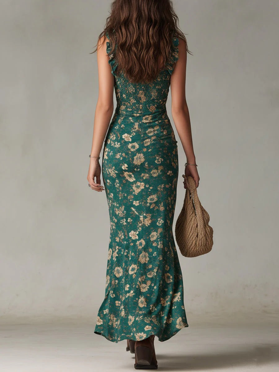 Savannah | Bohemian Floral Ruched Maxi Dress with Side Slit