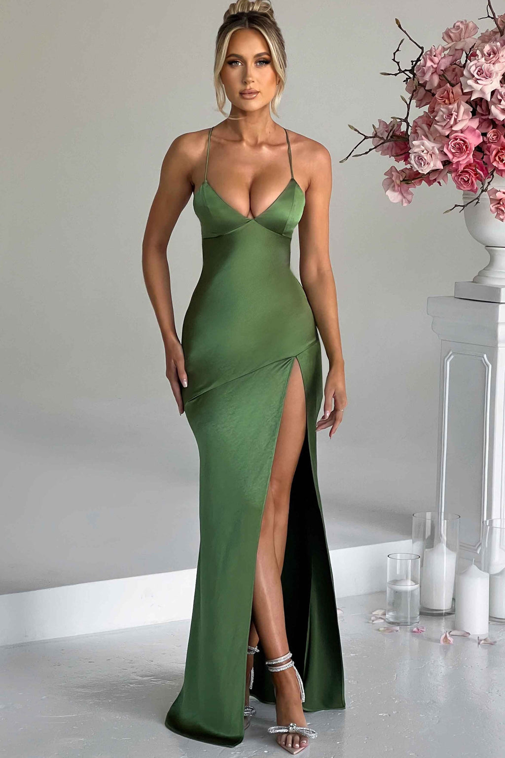 Bias-Cut Satin Maxi Dress with Plunging Neckline for Evening Events