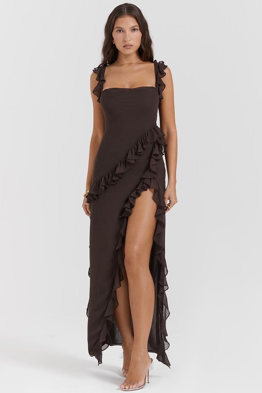 Square Neck Ruffle Side Maxi Dress with Thigh-High Slit for Evening Wear