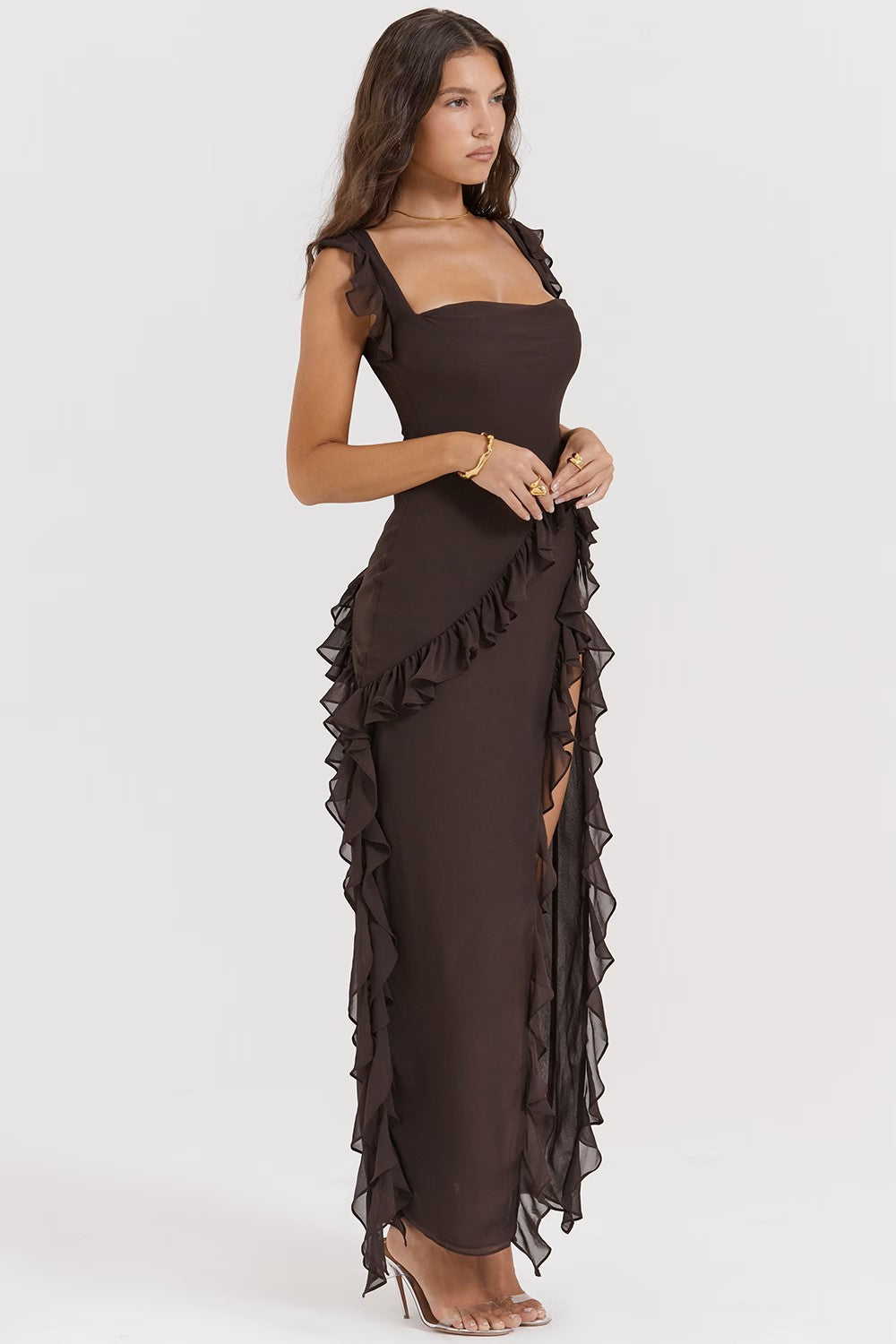Square Neck Ruffle Side Maxi Dress with Thigh-High Slit for Evening Wear